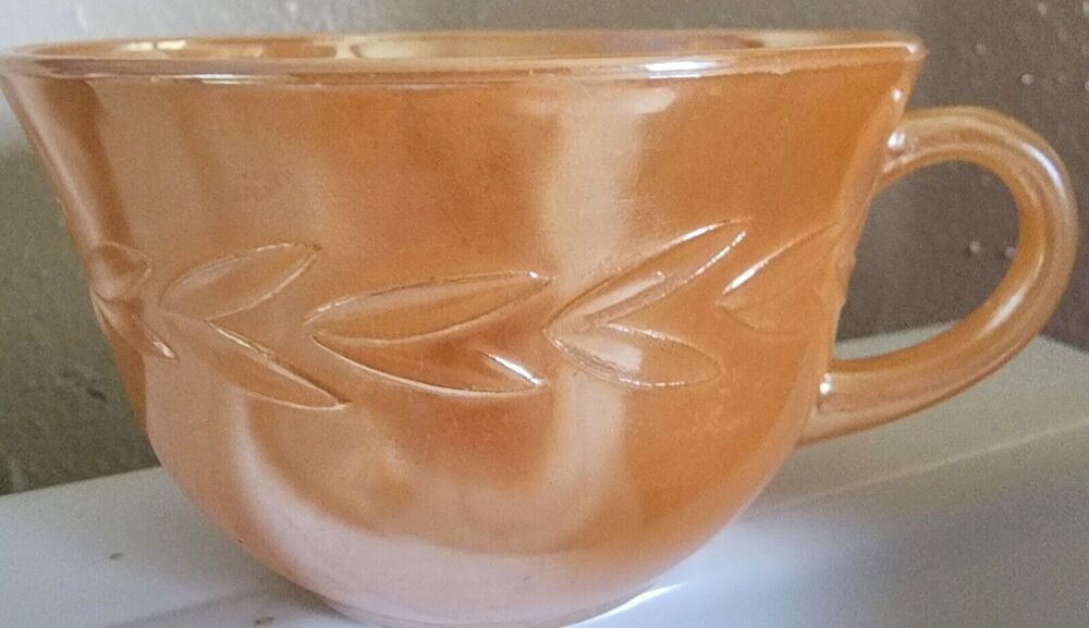 Vintage Fire King Oven Ware Coffee Tea Cup Peach Lustre / Band of Leaves #15199